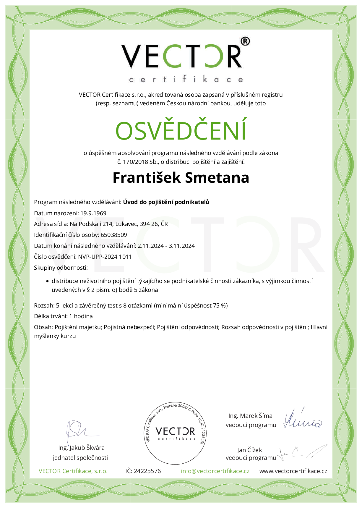 Osvědčení kurzu: Úvod do pojištění podnikatelů (NVP-UPP-2024)