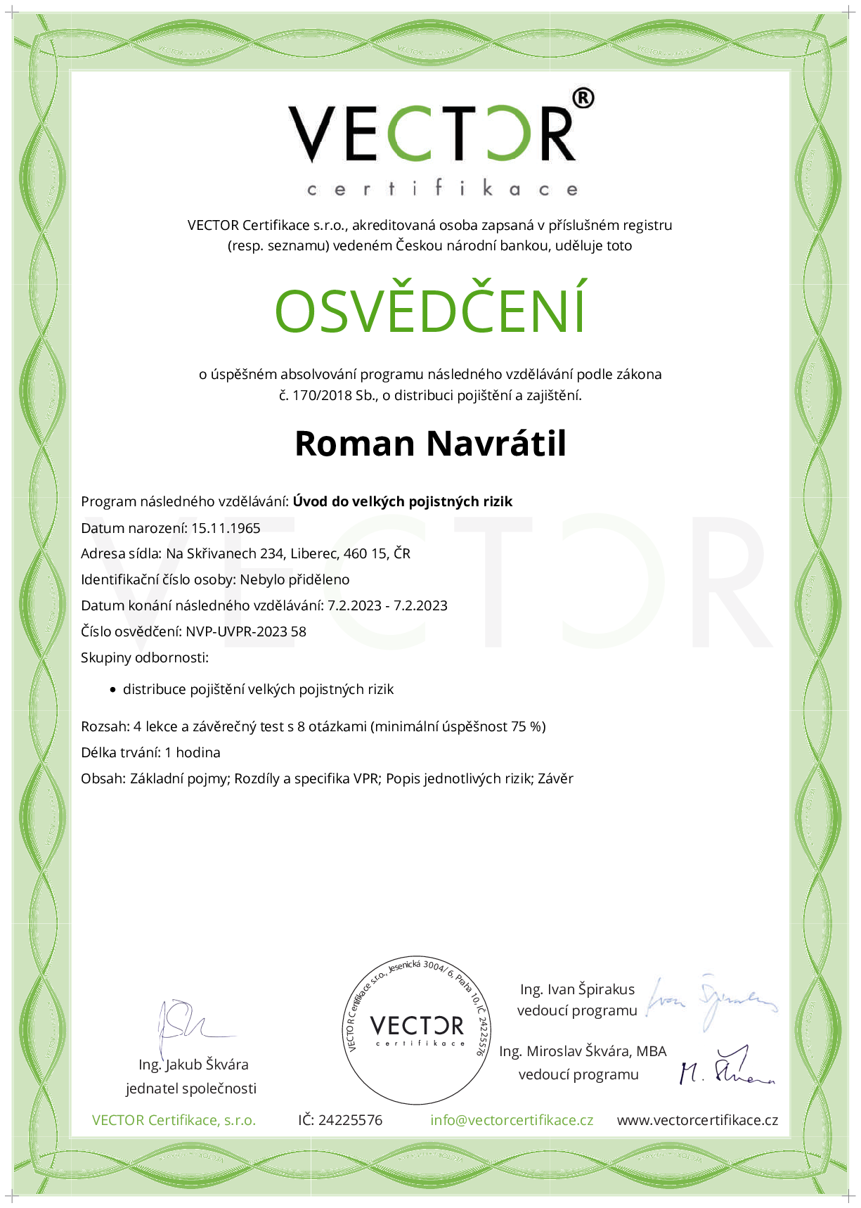 Osvědčení kurzu: Úvod do velkých pojistných rizik (NVP-UVPR-2023)