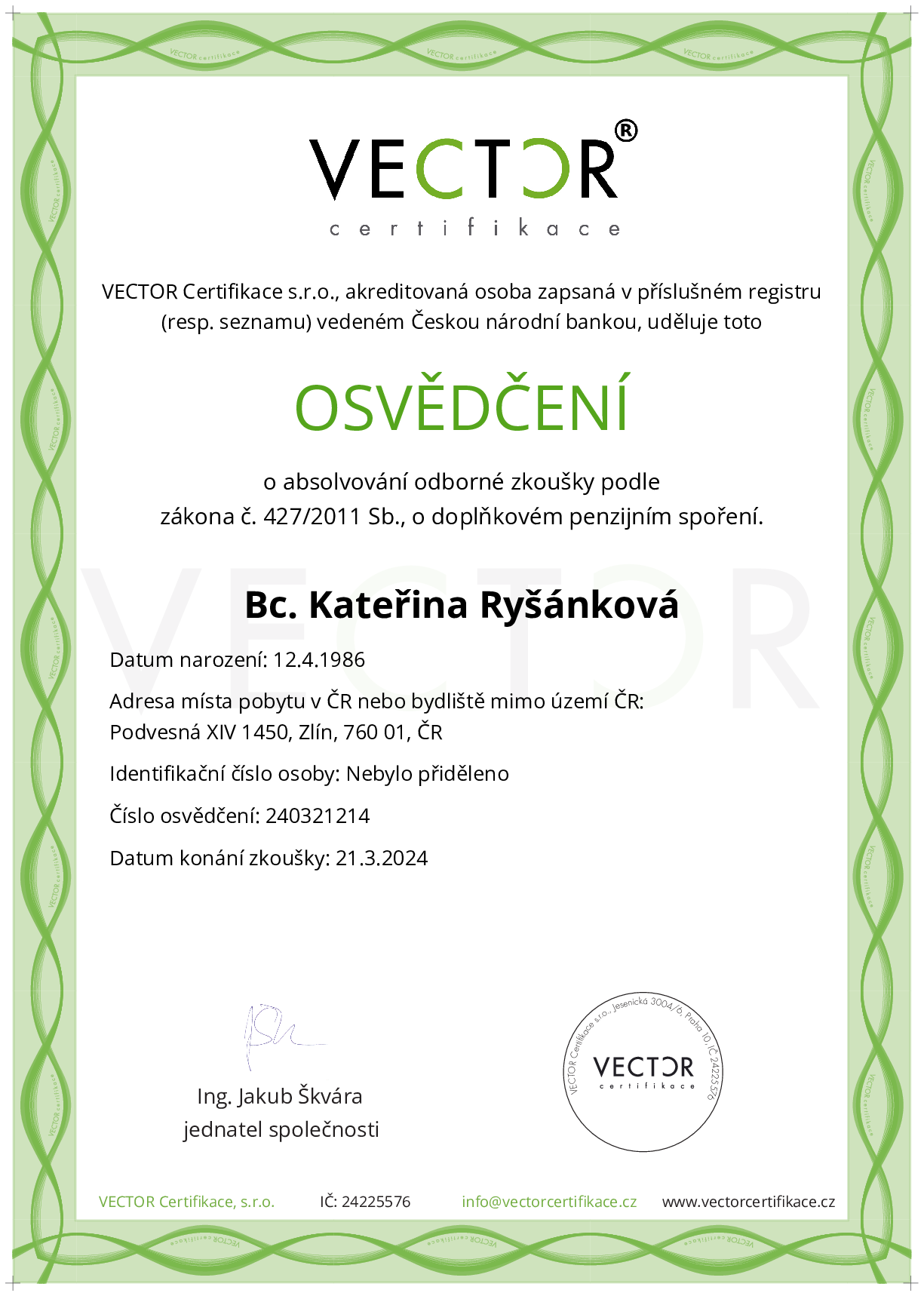 Osvědčení ze zkoušky: DPS - Doplňkové penzijní spoření