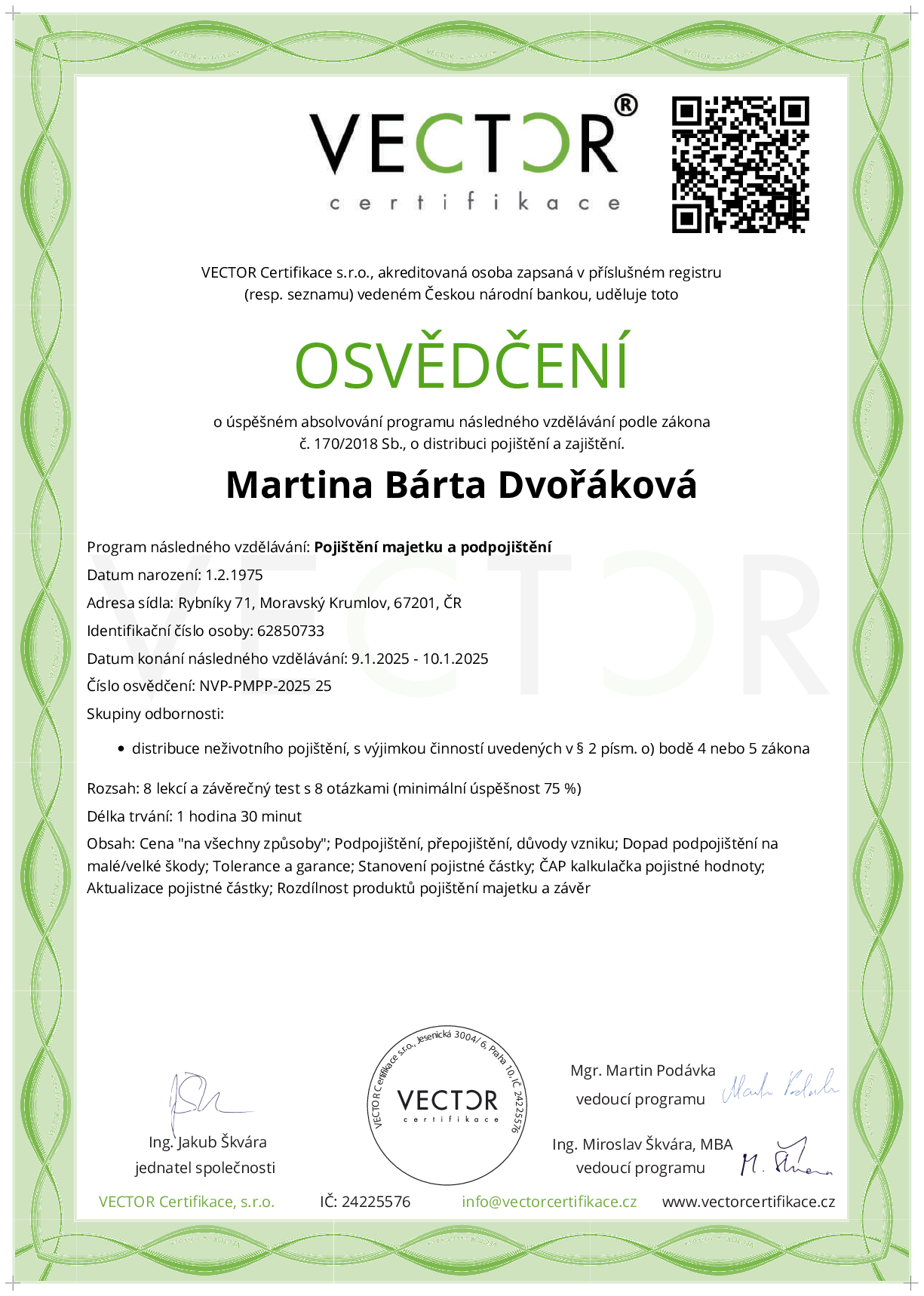 Osvědčení kurzu: Pojištění majetku a podpojištění (NVP-PMPP-2025)