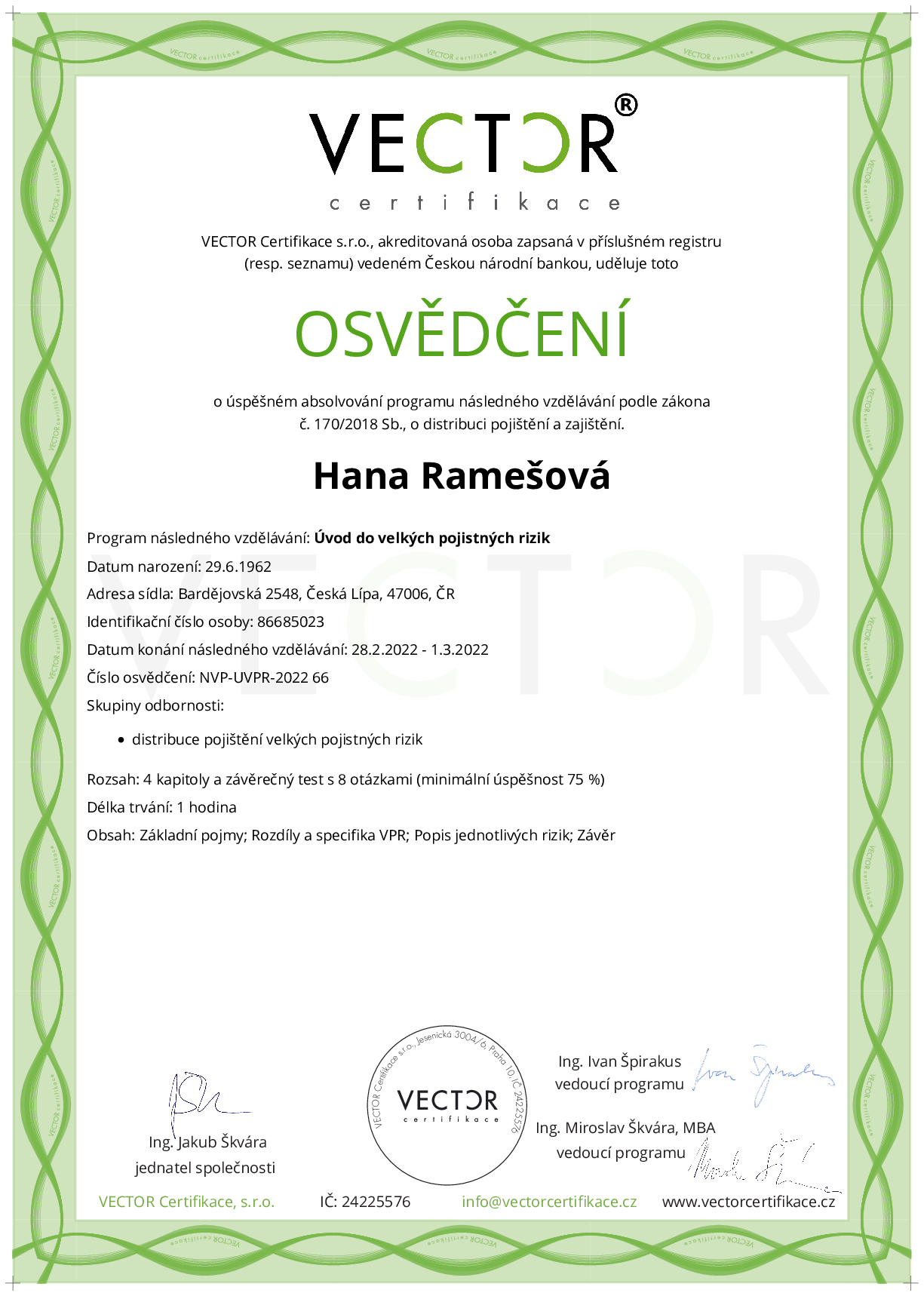 Osvědčení kurzu: Úvod do velkých pojistných rizik (NVP-UVPR-2022)