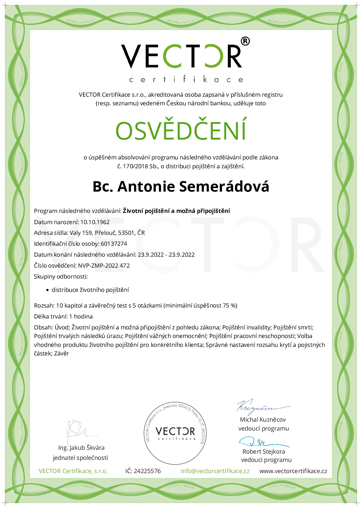 Osvědčení kurzu: Životní pojištění a možná připojištění (NVP-ZMP-2022)