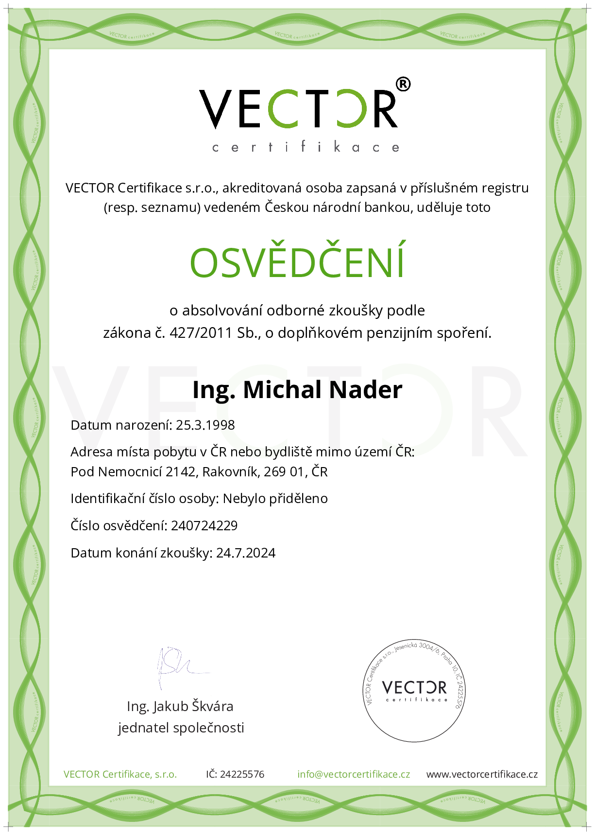 Osvědčení ze zkoušky: DPS - Doplňkové penzijní spoření