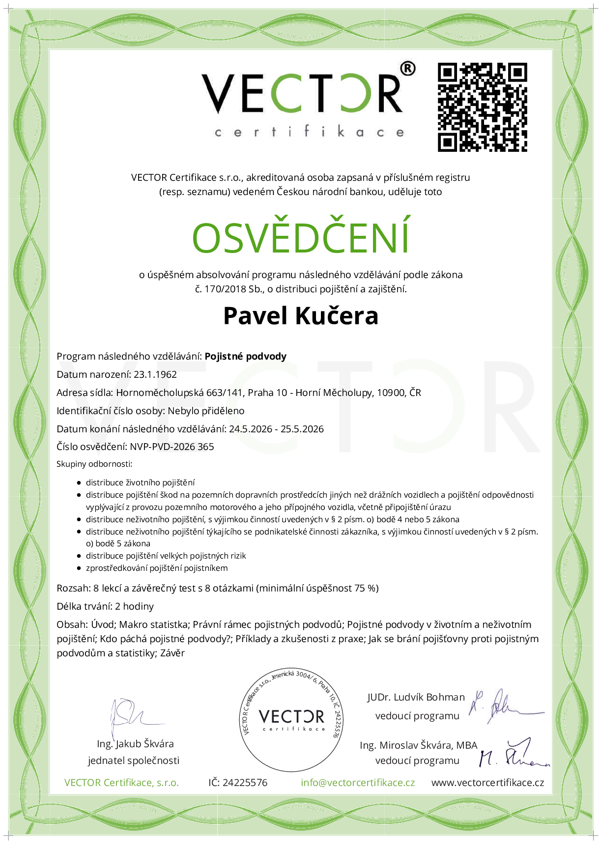 Osvědčení kurzu: Pojistné podvody (NVP-PVD-2026)