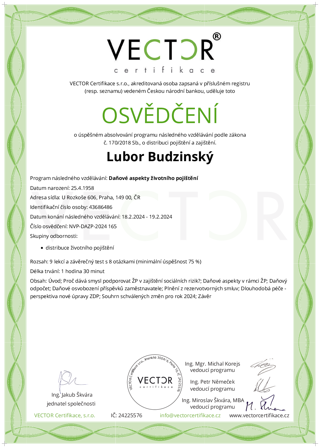 Osvědčení kurzu: Daňové aspekty životního pojištění (NVP-DAZP-2024)