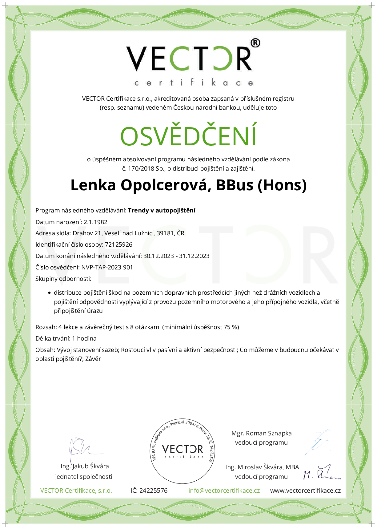 Osvědčení kurzu: Trendy v autopojištění (NVP-TAP-2023)