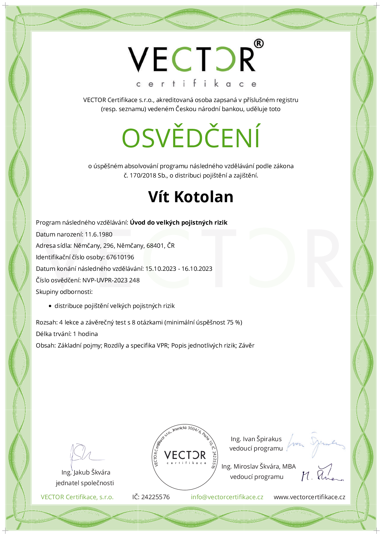 Osvědčení kurzu: Úvod do velkých pojistných rizik (NVP-UVPR-2023)