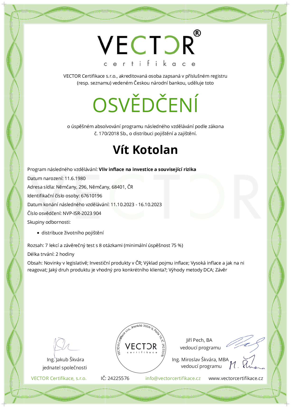 Osvědčení kurzu: Vliv inflace na investice a související rizika (NVP-ISR-2023)