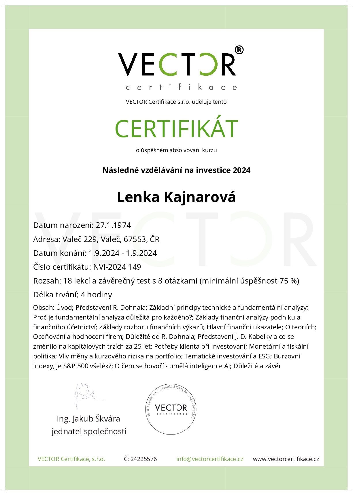 Osvědčení kurzu: Následné vzdělávání na investice 2024 (NVI-2024)