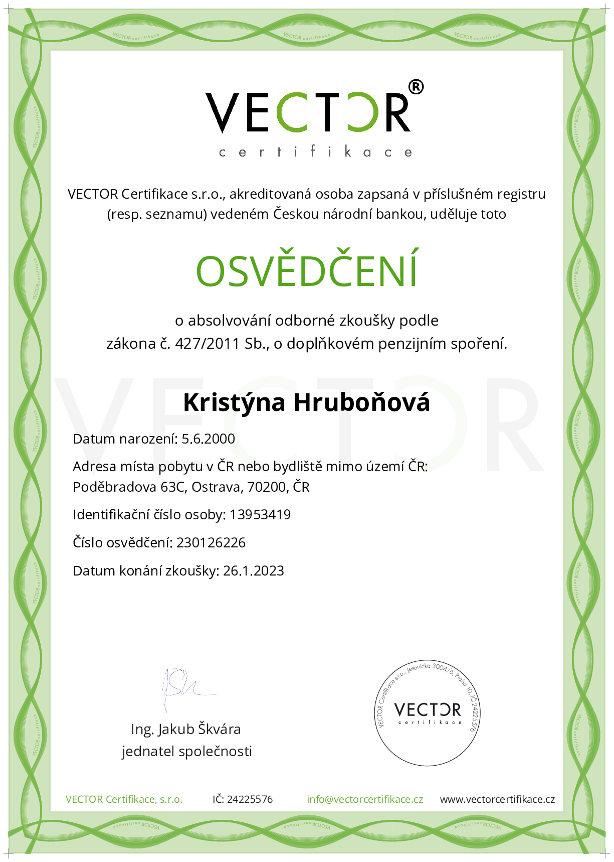 Osvědčení ze zkoušky: DPS - Doplňkové penzijní spoření