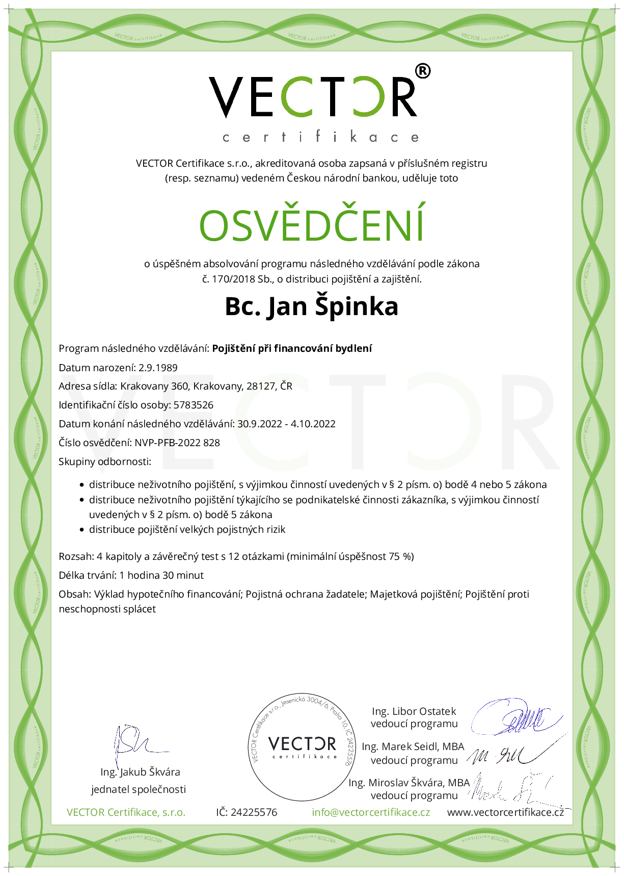 Osvědčení kurzu: Pojištění při financování bydlení (NVP-PFB-2022)