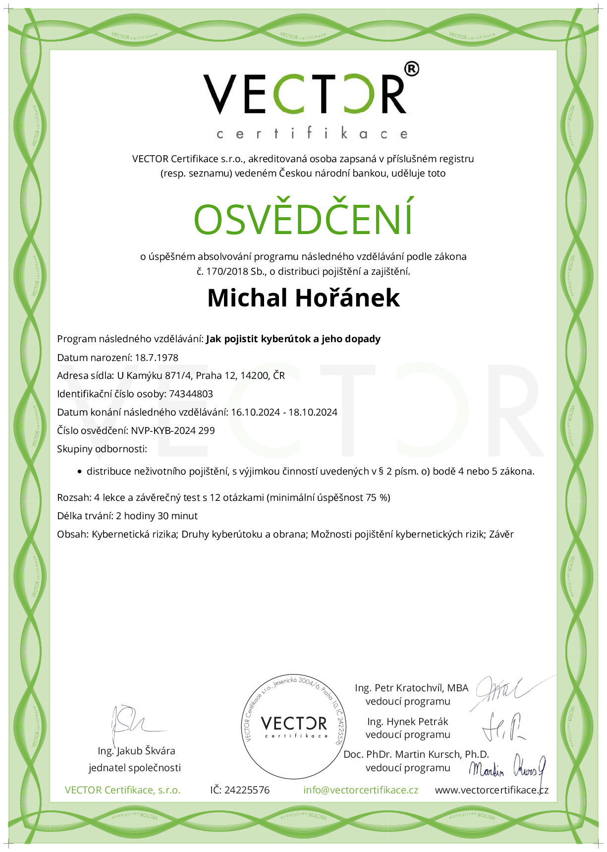 Osvědčení kurzu: Jak pojistit kyberútok a jeho dopady (NVP-KYB-2024)