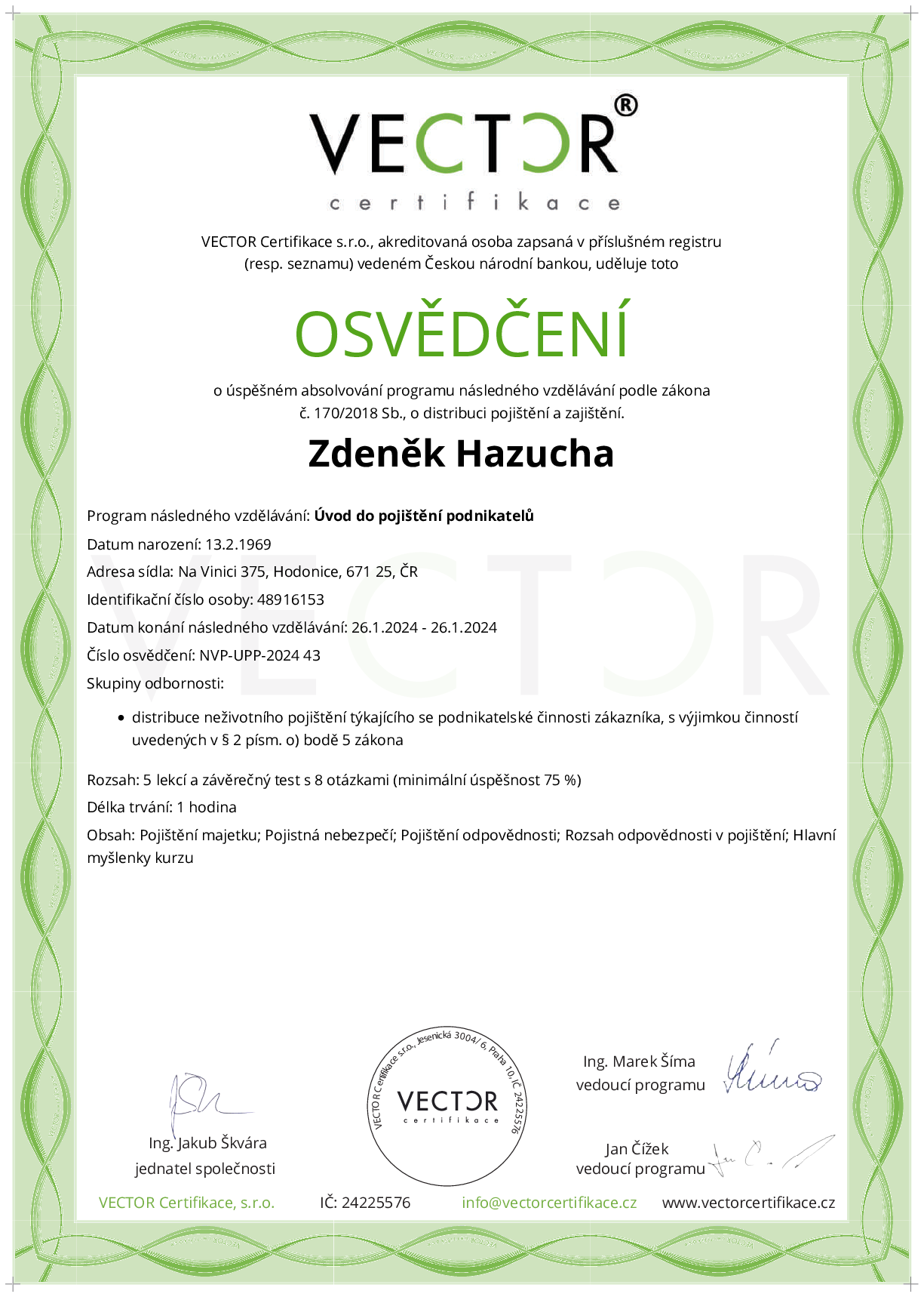 Osvědčení kurzu: Úvod do pojištění podnikatelů (NVP-UPP-2024)