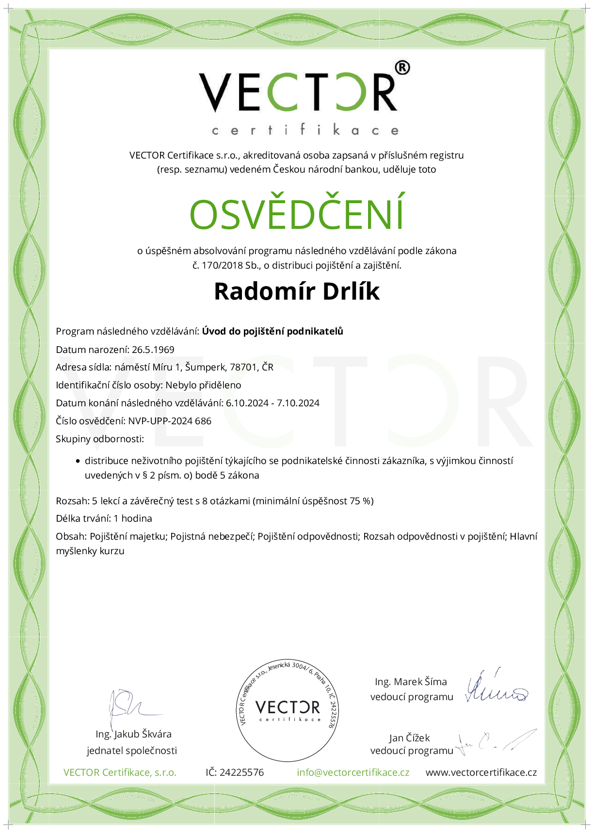 Osvědčení kurzu: Úvod do pojištění podnikatelů (NVP-UPP-2024)