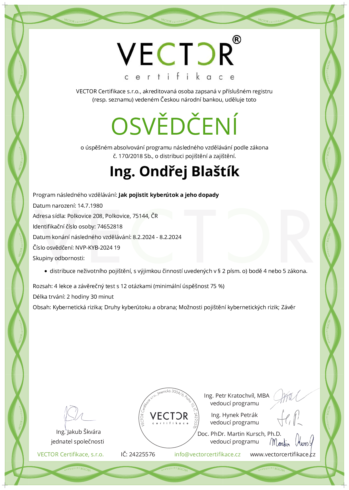 Osvědčení kurzu: Jak pojistit kyberútok a jeho dopady (NVP-KYB-2024)