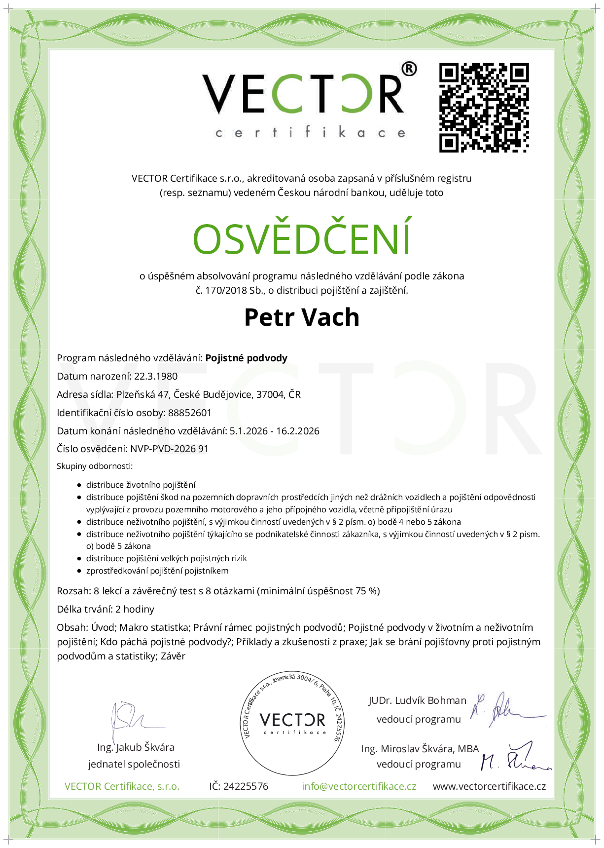 Osvědčení kurzu: Pojistné podvody (NVP-PVD-2026)