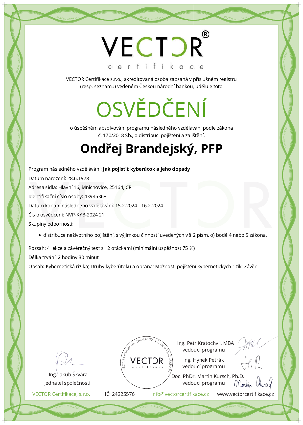 Osvědčení kurzu: Jak pojistit kyberútok a jeho dopady (NVP-KYB-2024)