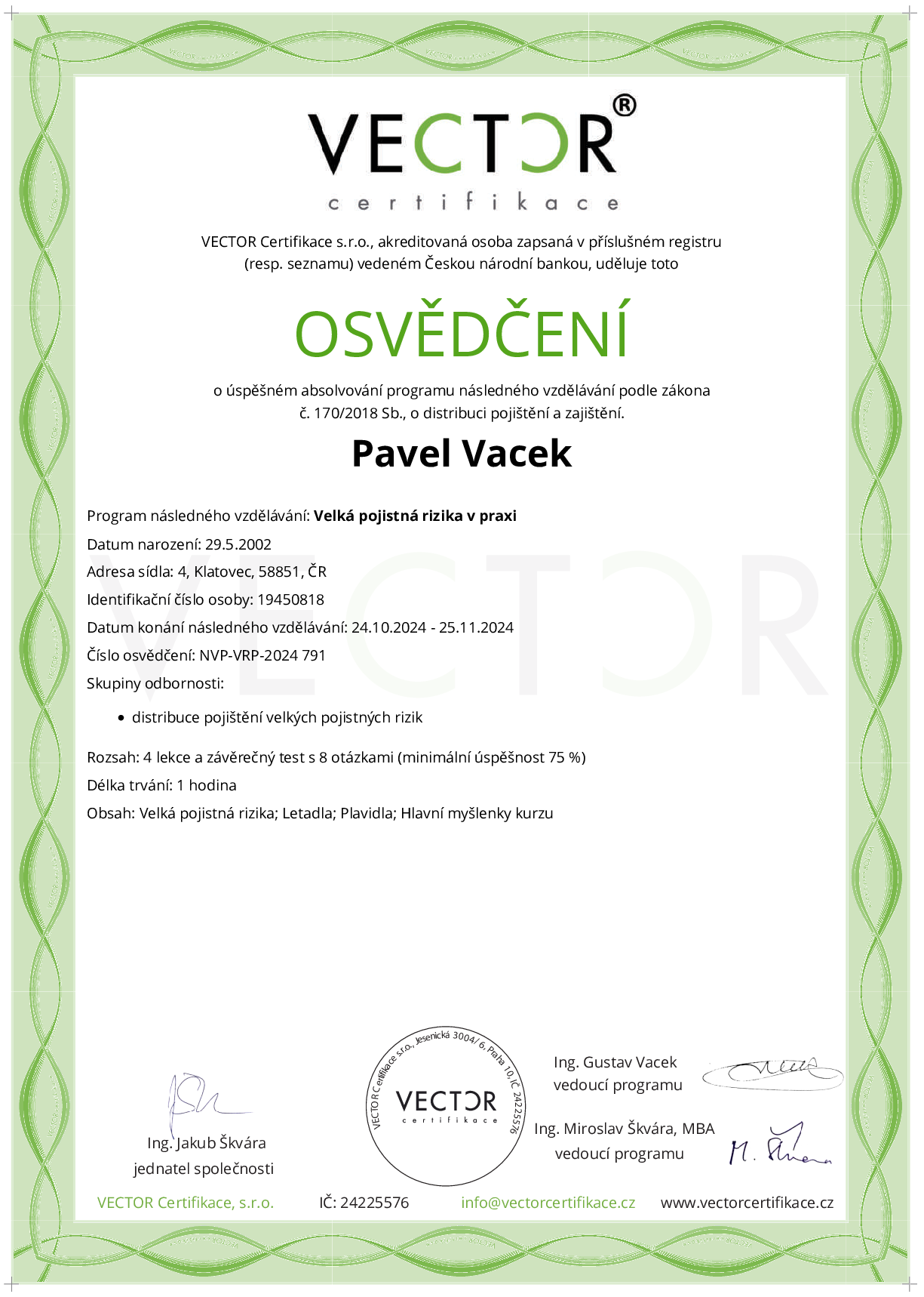 Osvědčení kurzu: Velká pojistná rizika v praxi (NVP-VRP-2024)