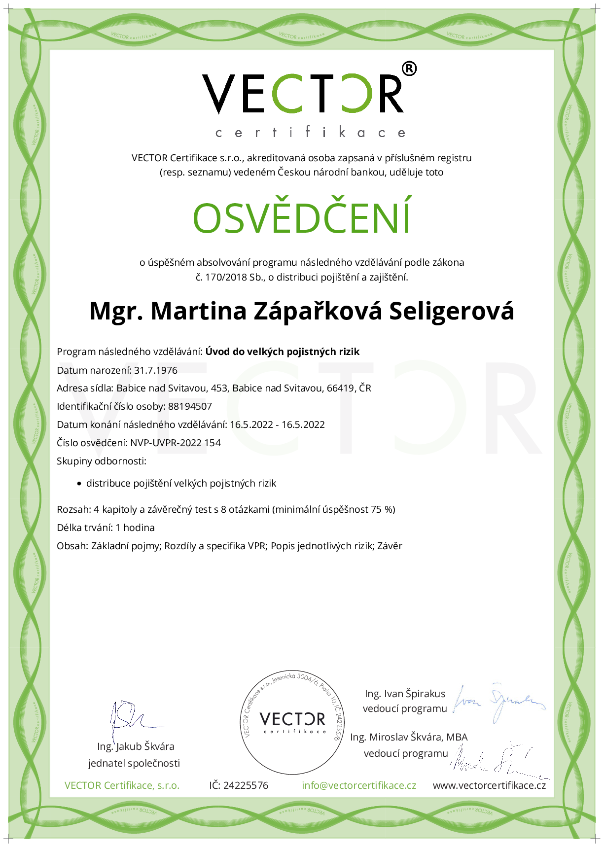 Osvědčení kurzu: Úvod do velkých pojistných rizik (NVP-UVPR-2022)