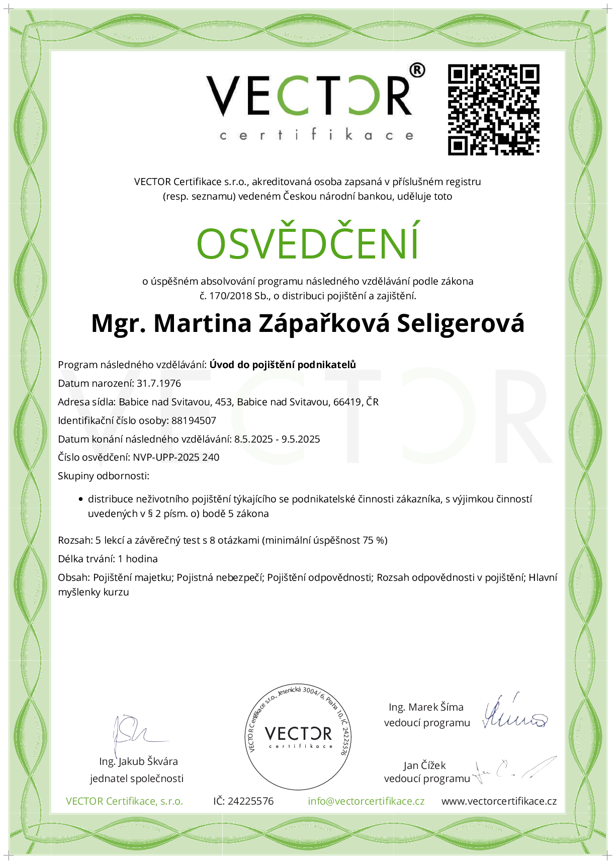 Osvědčení kurzu: Úvod do pojištění podnikatelů (NVP-UPP-2025)