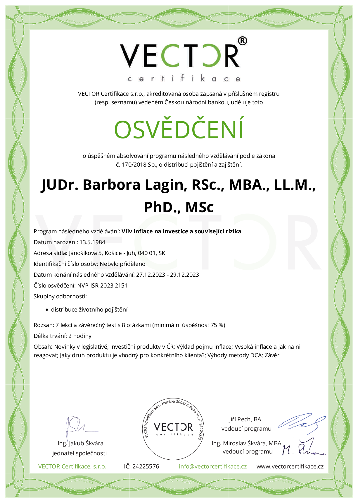 Osvědčení kurzu: Vliv inflace na investice a související rizika (NVP-ISR-2023)