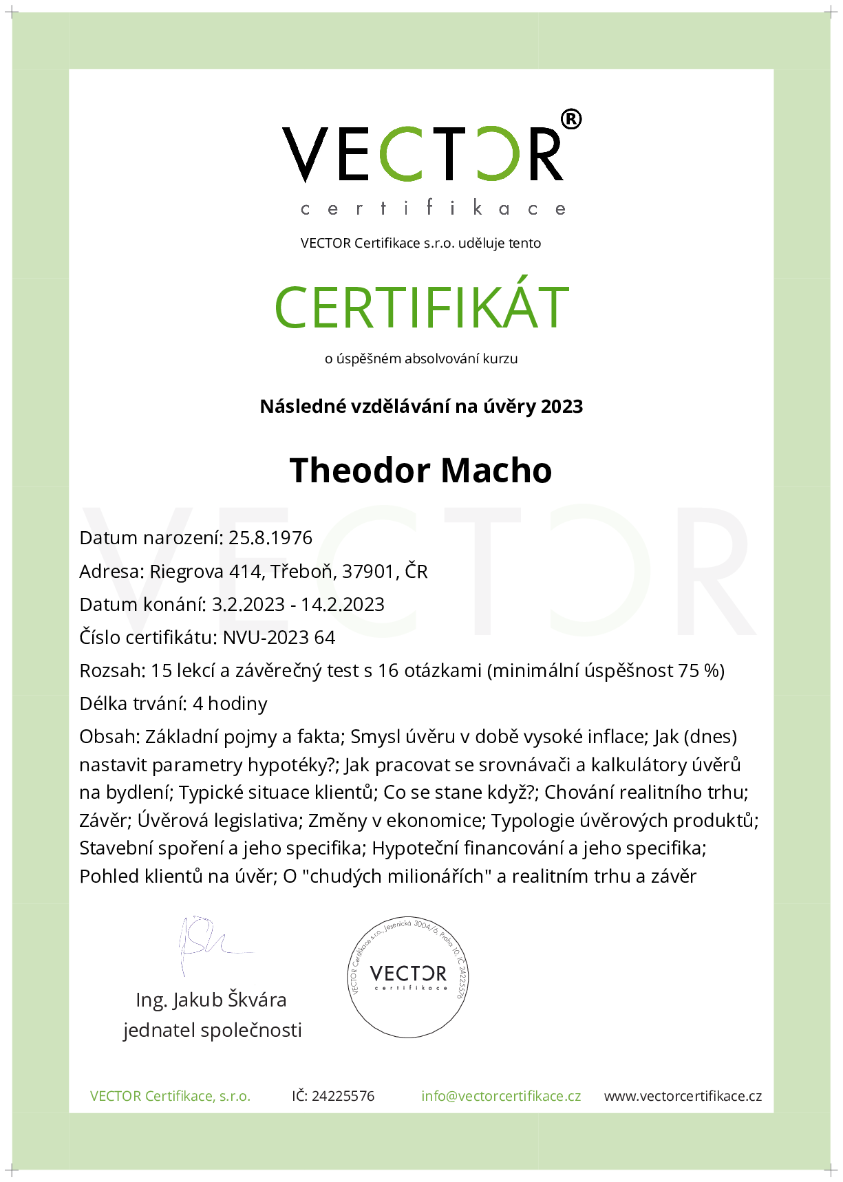Osvědčení kurzu: Následné vzdělávání na úvěry 2023 (NVU-2023)