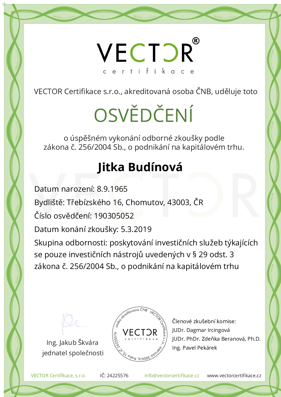 Osvědčení ze zkoušky: I. INV-ZPR - Investiční zprostředkovatel