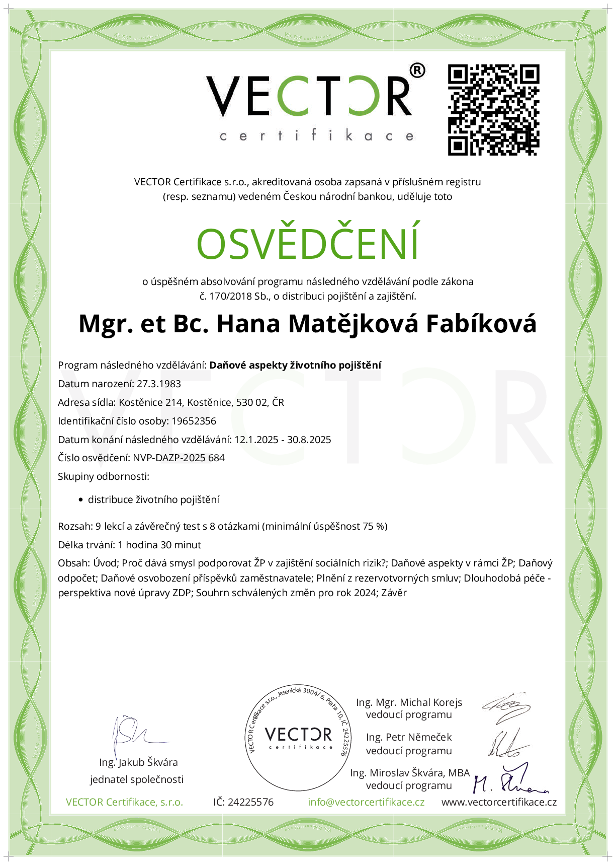 Osvědčení kurzu: Daňové aspekty životního pojištění (NVP-DAZP-2025)
