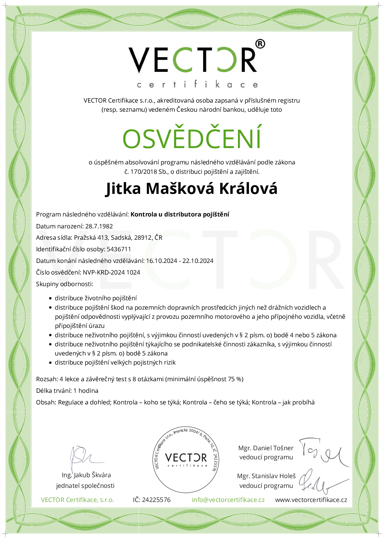 Osvědčení kurzu: Kontrola u distributora pojištění (NVP-KRD-2024)
