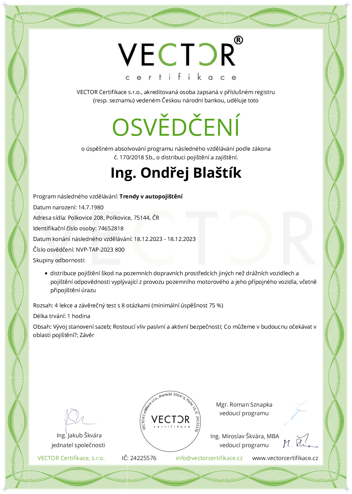 Osvědčení kurzu: Trendy v autopojištění (NVP-TAP-2023)