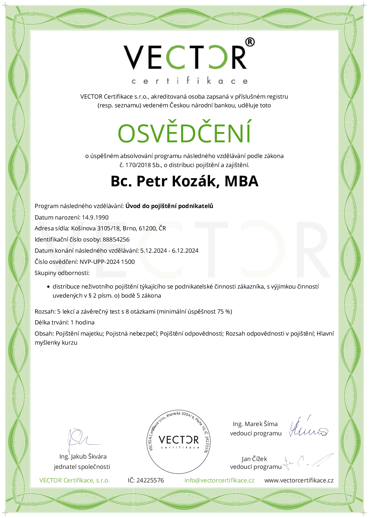 Osvědčení kurzu: Úvod do pojištění podnikatelů (NVP-UPP-2024)