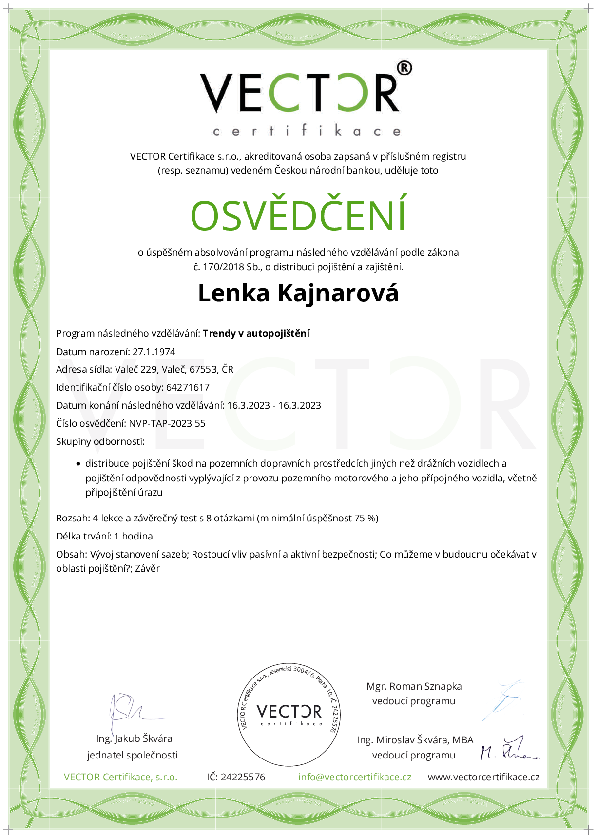 Osvědčení kurzu: Trendy v autopojištění (NVP-TAP-2023)