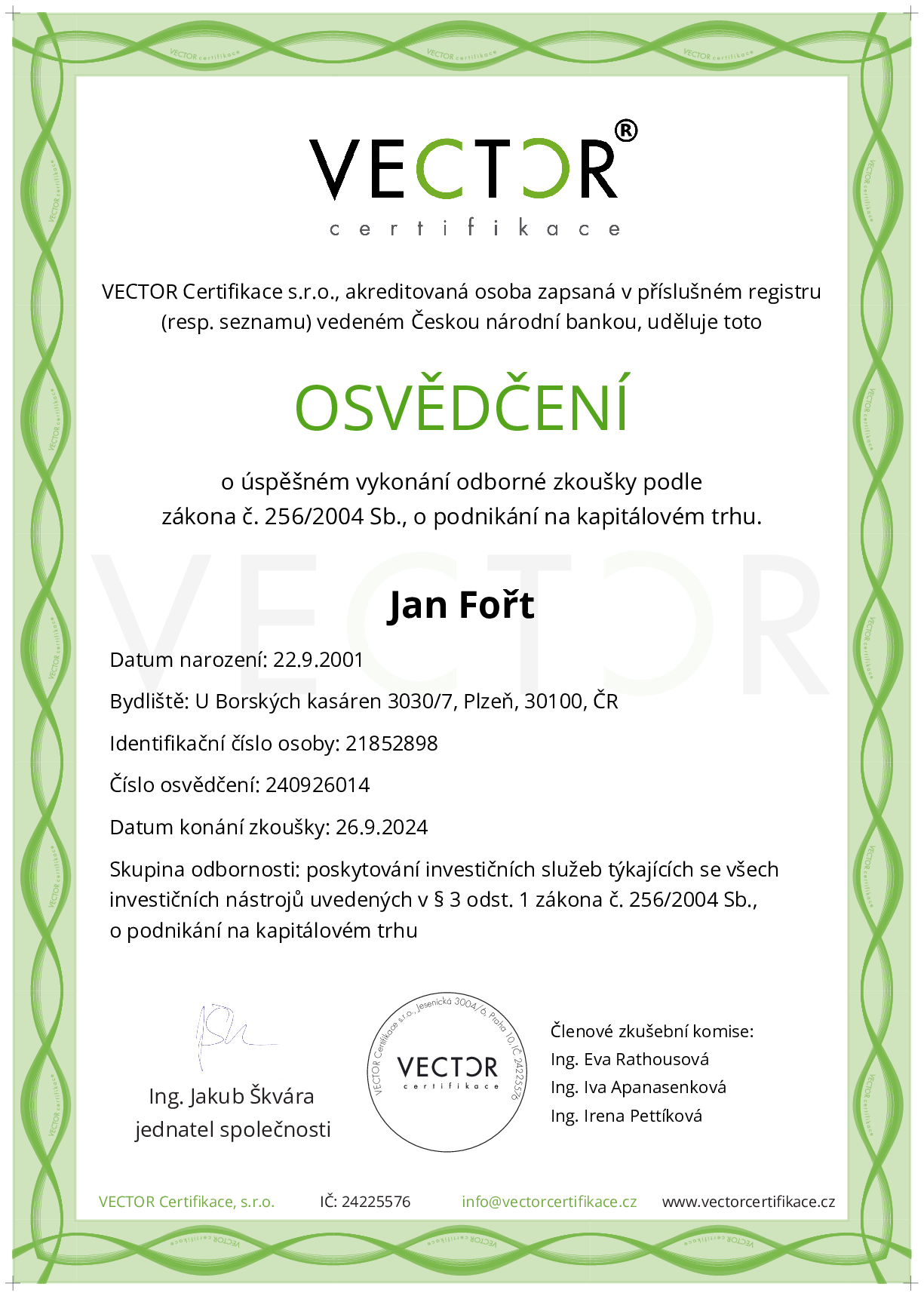 Osvědčení ze zkoušky: II. INV-ABC - Souhrnná zkouška pro všechny investiční nástroje