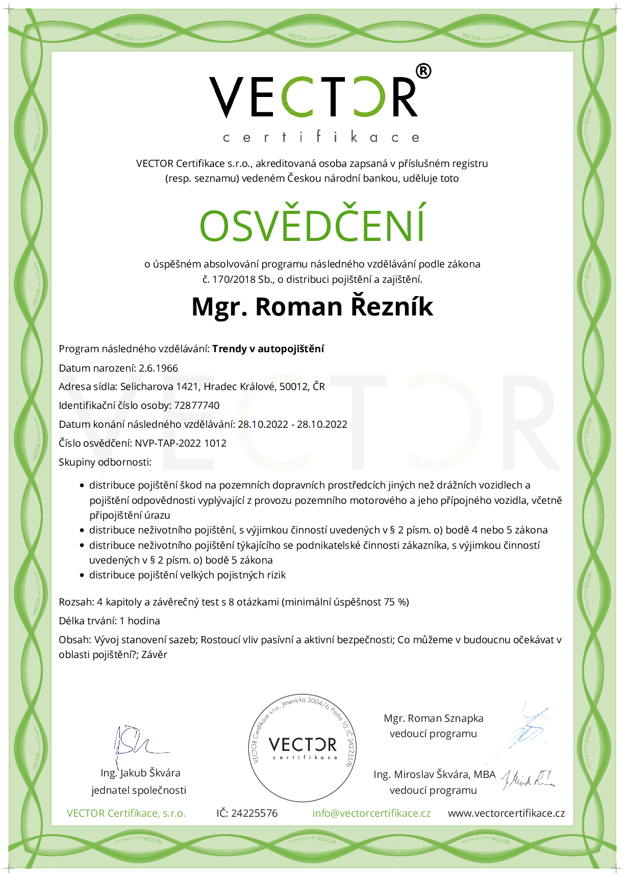 Osvědčení kurzu: Trendy v autopojištění (NVP-TAP-2022)