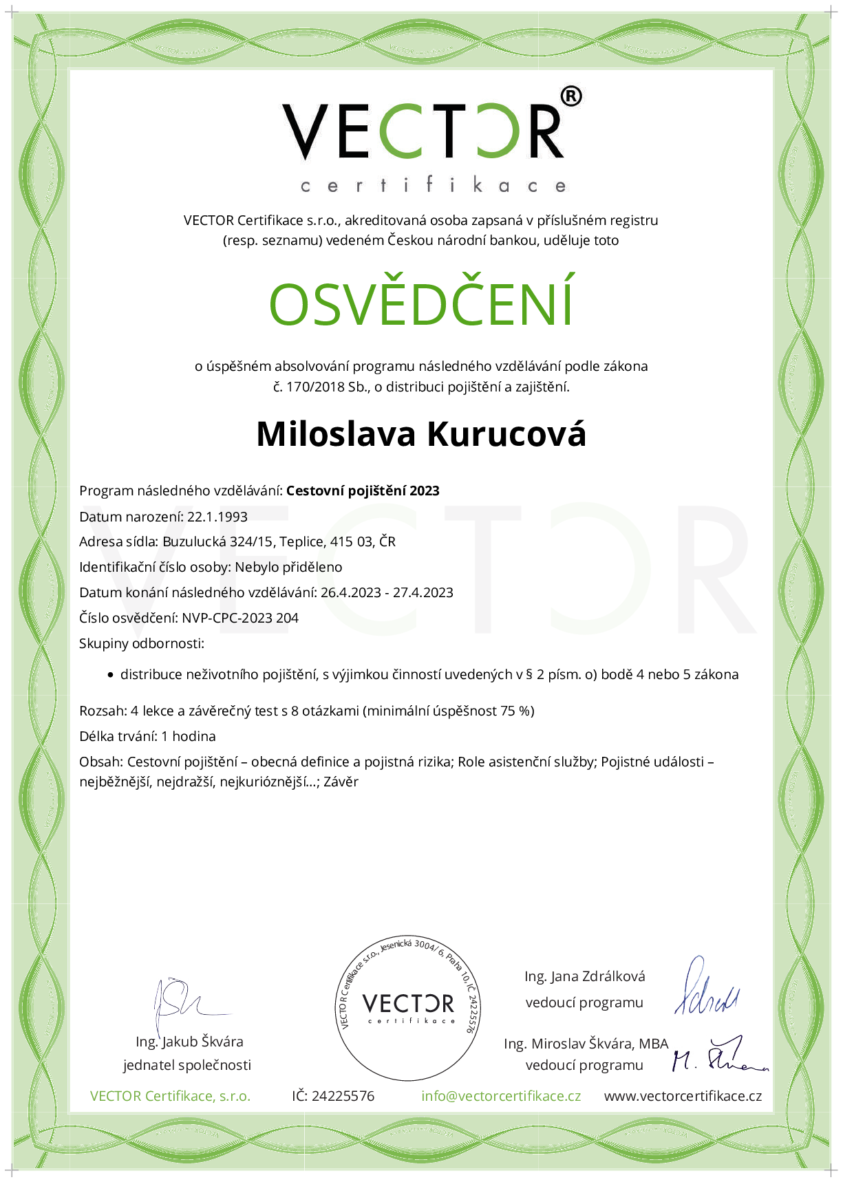 Osvědčení kurzu: Cestovní pojištění 2023 (NVP-CPC-2023)