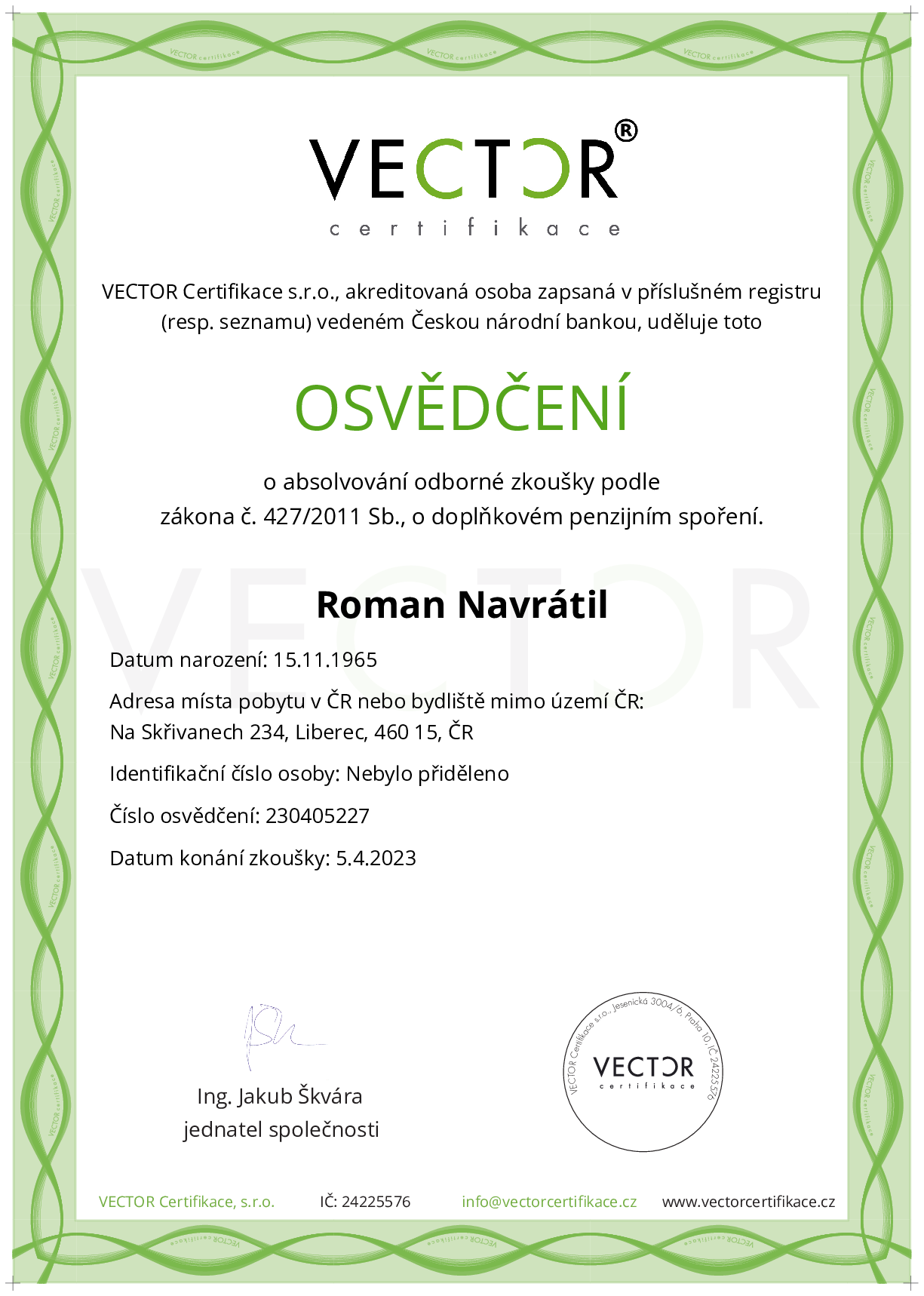 Osvědčení ze zkoušky: DPS - Doplňkové penzijní spoření