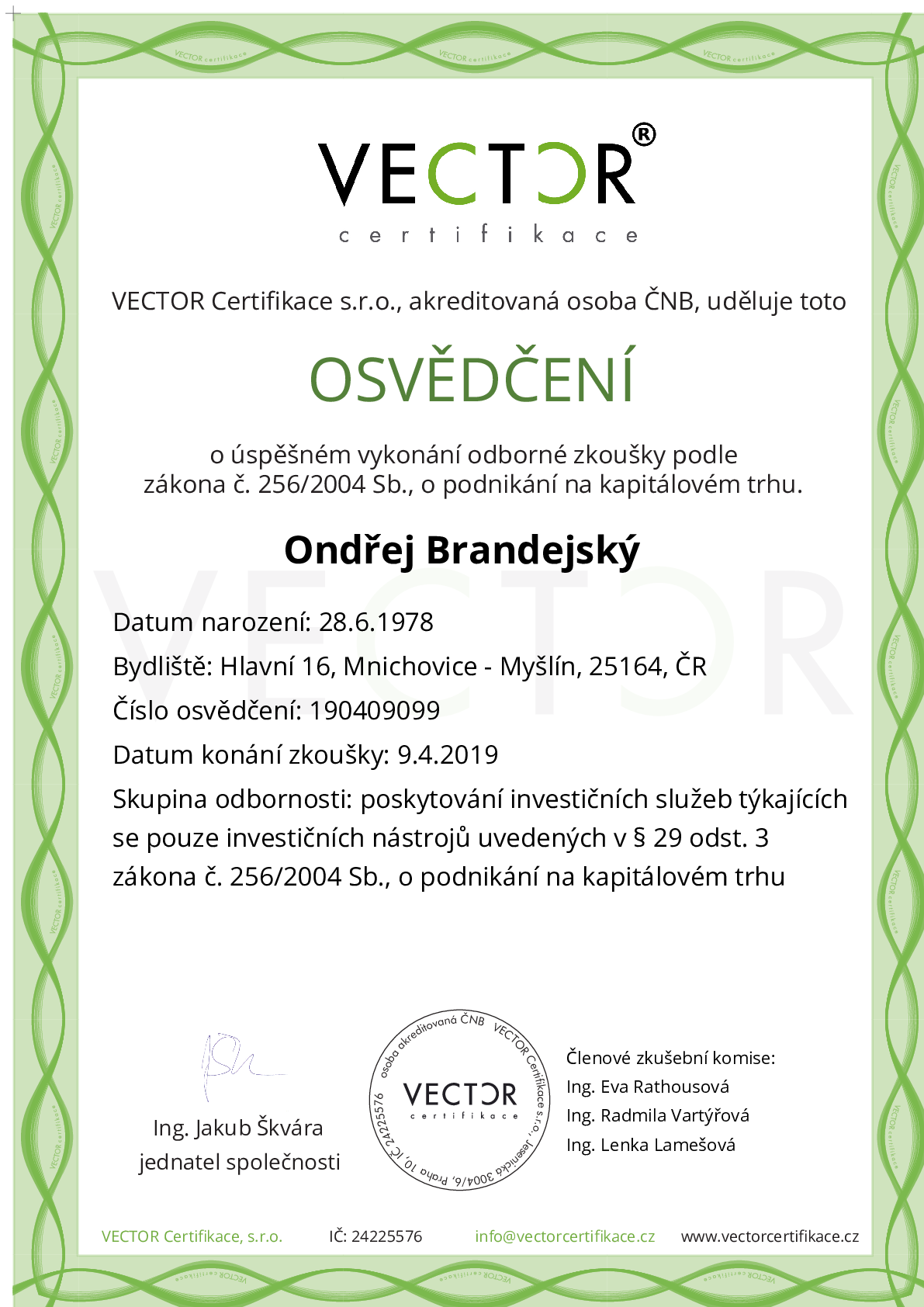 Osvědčení ze zkoušky: I. INV-ZPR - Investiční zprostředkovatel