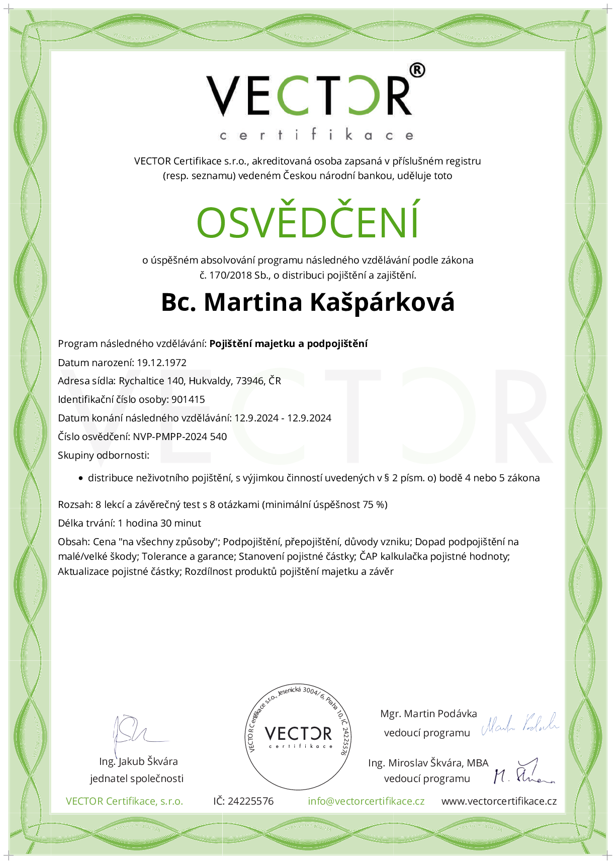 Osvědčení kurzu: Pojištění majetku a podpojištění (NVP-PMPP-2024)