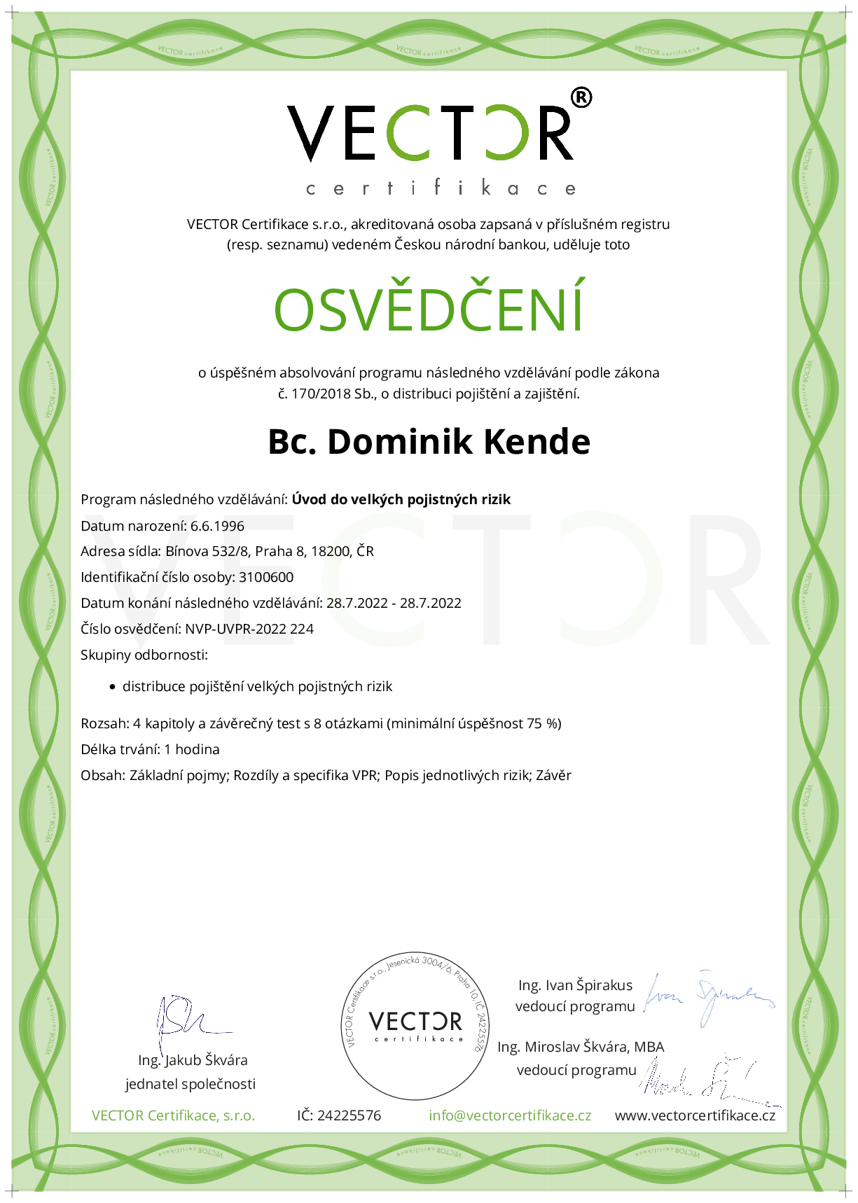 Osvědčení kurzu: Úvod do velkých pojistných rizik (NVP-UVPR-2022)