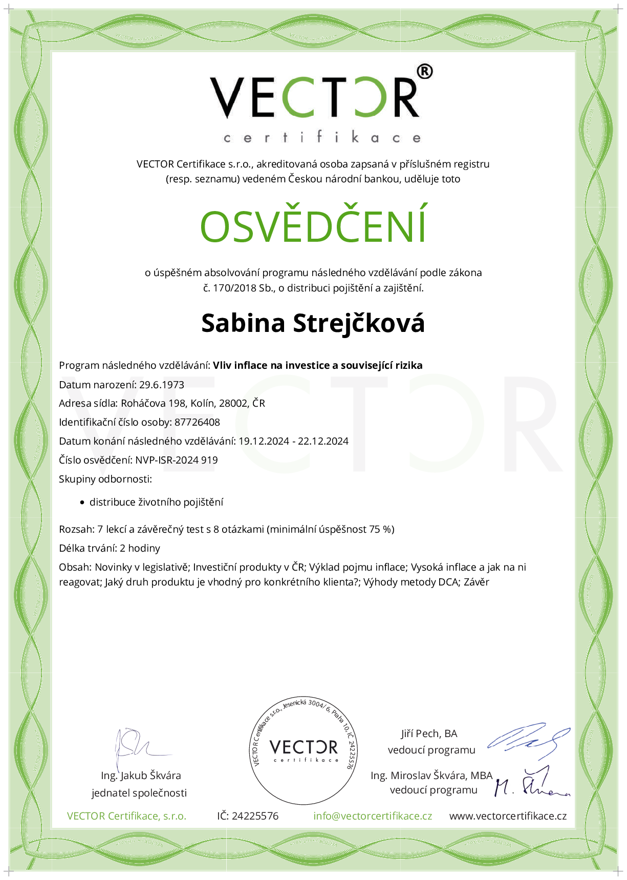 Osvědčení kurzu: Vliv inflace na investice a související rizika (NVP-ISR-2024)