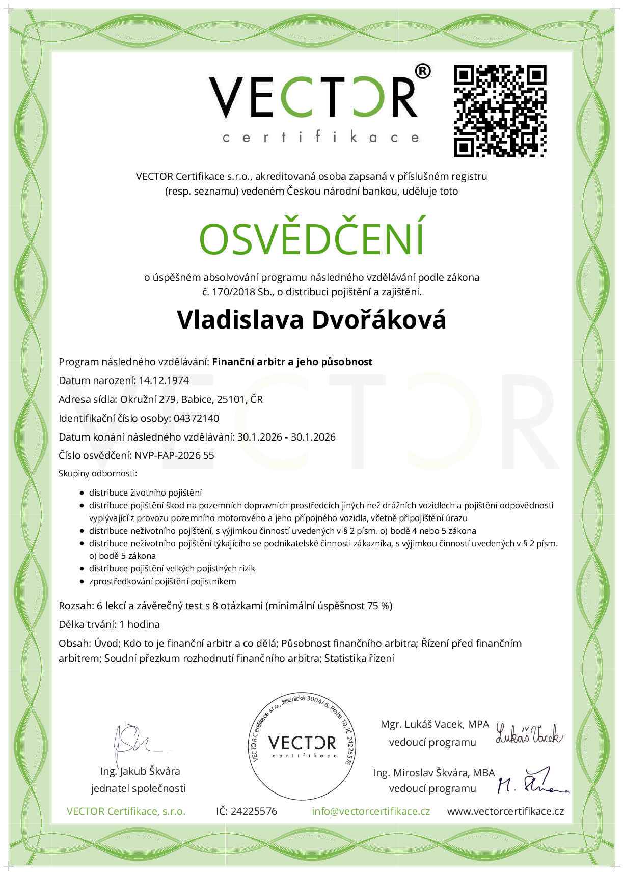 Osvědčení kurzu: Finanční arbitr a jeho působnost (NVP-FAP-2026)