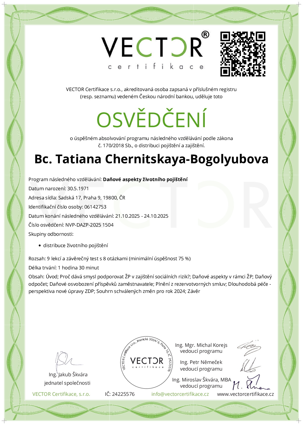 Osvědčení kurzu: Daňové aspekty životního pojištění (NVP-DAZP-2025)