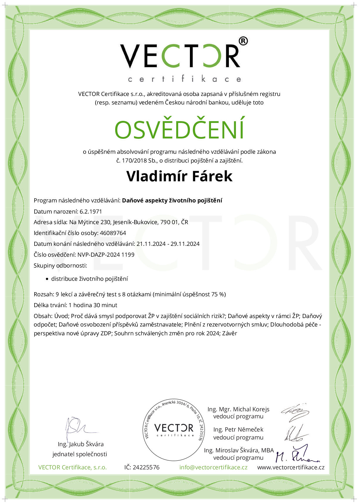 Osvědčení kurzu: Daňové aspekty životního pojištění (NVP-DAZP-2024)