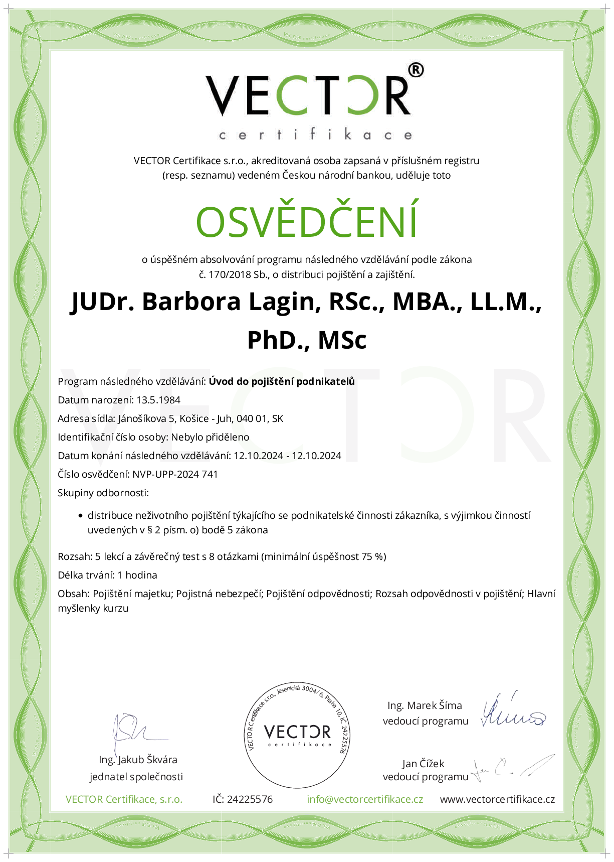 Osvědčení kurzu: Úvod do pojištění podnikatelů (NVP-UPP-2024)