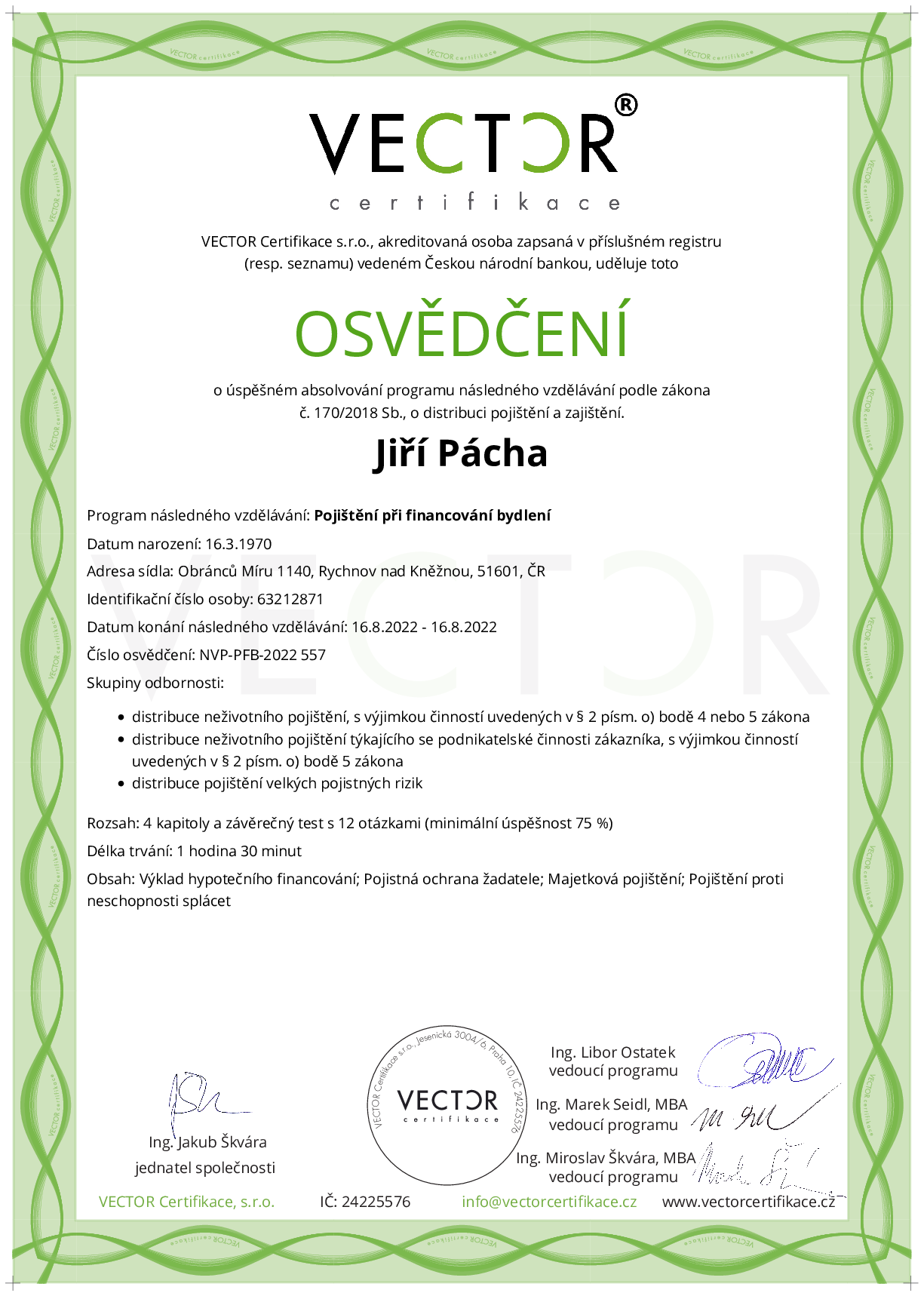 Osvědčení kurzu: Pojištění při financování bydlení (NVP-PFB-2022)