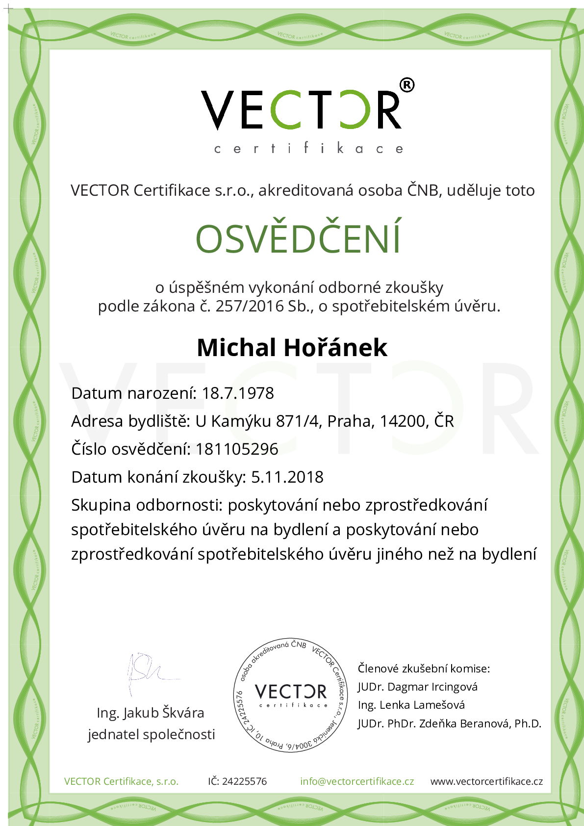 Osvědčení ze zkoušky: IV. ZSU-ABC - Souhrnná zkouška na úvěry