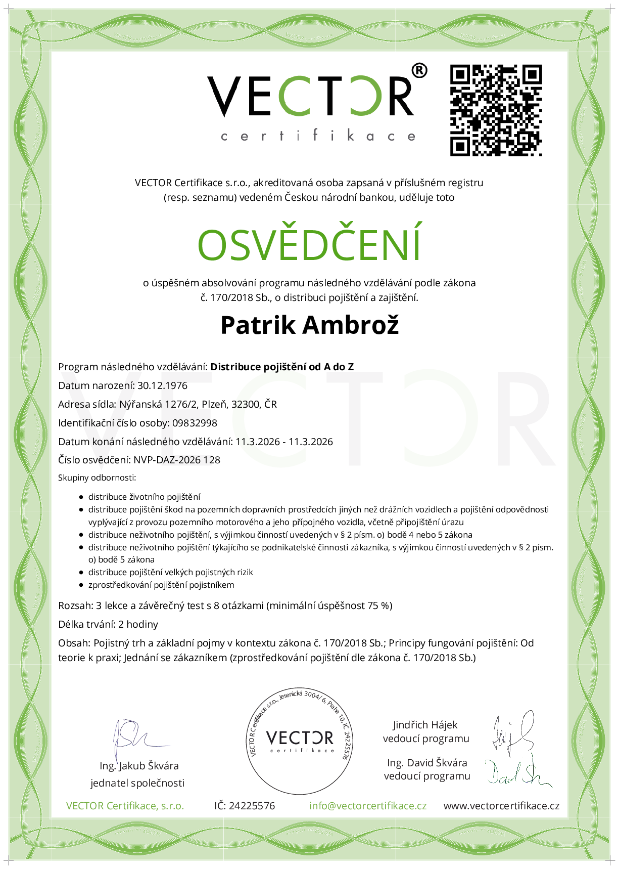 Osvědčení kurzu: Distribuce pojištění od A do Z (NVP-DAZ-2026)