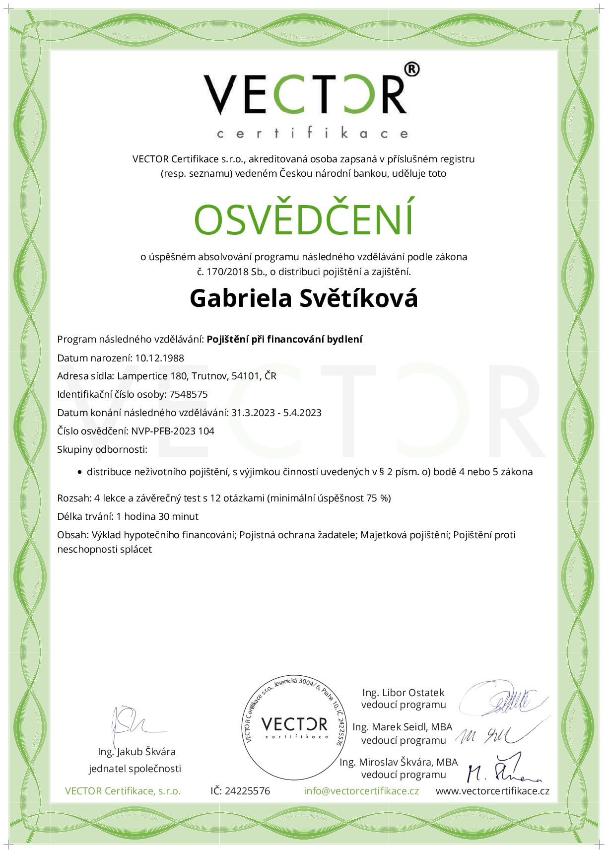 Osvědčení kurzu: Pojištění při financování bydlení (NVP-PFB-2023)
