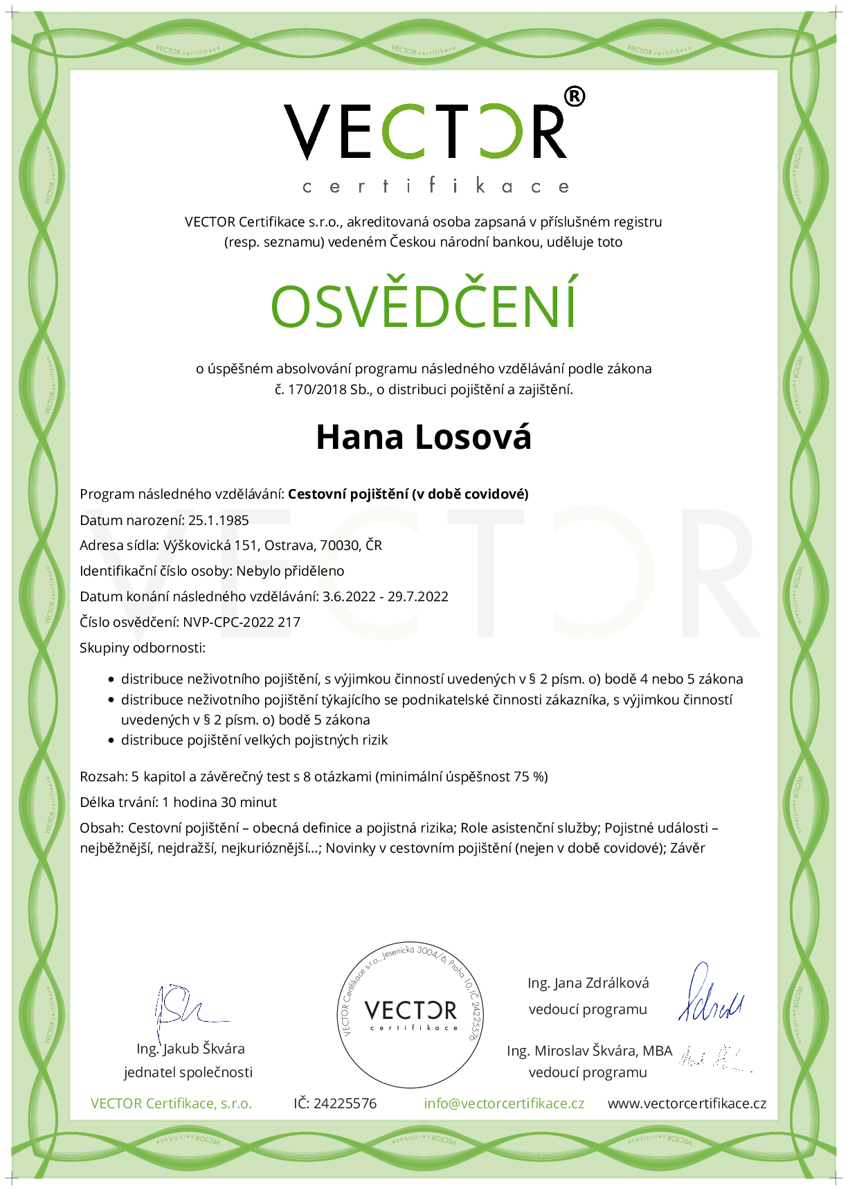 Osvědčení kurzu: Cestovní pojištění (v době covidové) (NVP-CPC-2022)