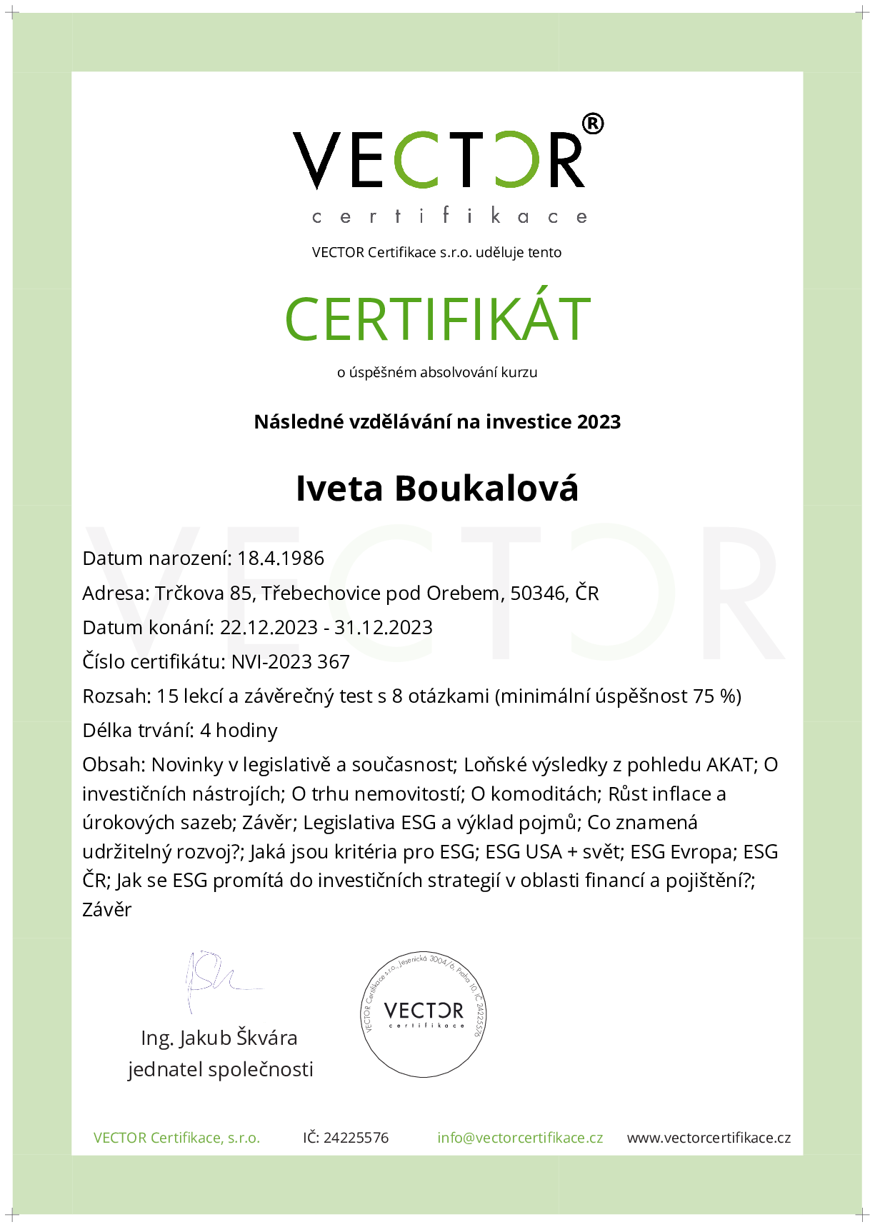 Osvědčení kurzu: Následné vzdělávání na investice 2023 (NVI-2023)